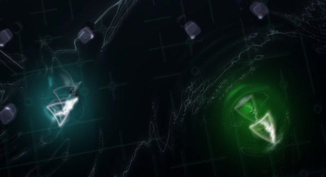 Close view of two hover-tanks, one glowing cyan and one green, rippling the dark water around them, with crystal spheres nearby